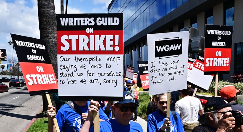 Hollywood writers picket in front of Netflix on Sunset Boulevard in Hollywood, California, on May 2, 2023, as the Writers Guild of America (WGA) goes on strike.FREDERIC J. BROWN/AFP via Getty Images