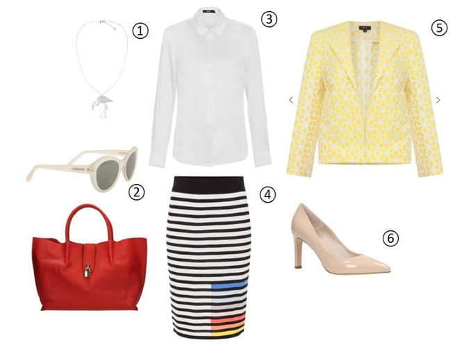 STYLIZACJA z białą koszulą na spotkanie z przyjaciółką: 1. naszyjnik Solar 59,00 zł 2. okulary Simple 199,90 zł 3. torba Venezia 279,00 zł 4. koszula Simple 269,90 zł 5. spódnica Solar 119,00 zł 6. marynarka 299,00 zł 7. szpilki Gino Rossi 319,90 zł (ceny w Factory Outlet)