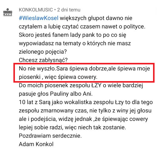 Screen jednego z komentarzy Adama Konkola pod nagraniem zespołu Łez