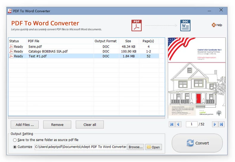 Główne okno programu do konwersji PDF-ów na format DOC - Adept PDF to Word Converter