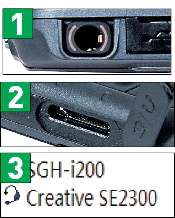 Trzy rodzaje podłączenia słuchawek: mini-jack 3,5 mm (1), własny typ złącza producenta telefonu (2) i bezprzewodowo przez Bluetooth (3)