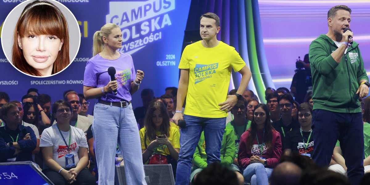 Barbara Nowacka, Adam Szłapka i Rafał Trzaskowski na Campusie Polska Przyszłości i Ewa Rubasińska-Ianiro, stylistka.