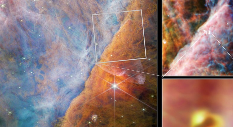 Images from the James Webb Space Telescope show a part of the Orion Nebula where methyl cation was detected in a young star system, shown in the lower right segment.ESA/Webb, NASA, CSA, M. Zamani (ESA/Webb), and the PDRs4All ERS Team