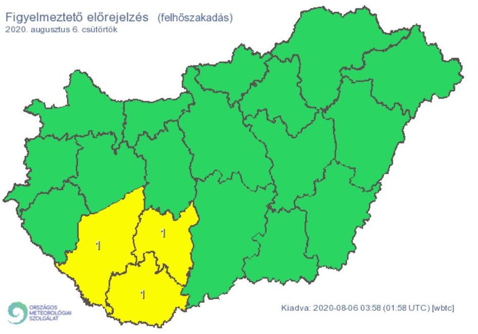 Felhőszakadással kapcsolatos riasztások Magyarországon / Fotó: OMSZ