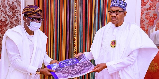 Governor Babajide Sanwo-Olu shows President Muhammadu Buhari a photo album of destruction recorded in Lagos during #EndSARS protests in October 2020. (Presidency)
