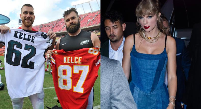 Travis Kelce (left) with his brother, Jason Kelce, showing off each other's jerseys. On the right is Taylor SwiftAP Photo/Ed Zurga / Gotham/GC Images