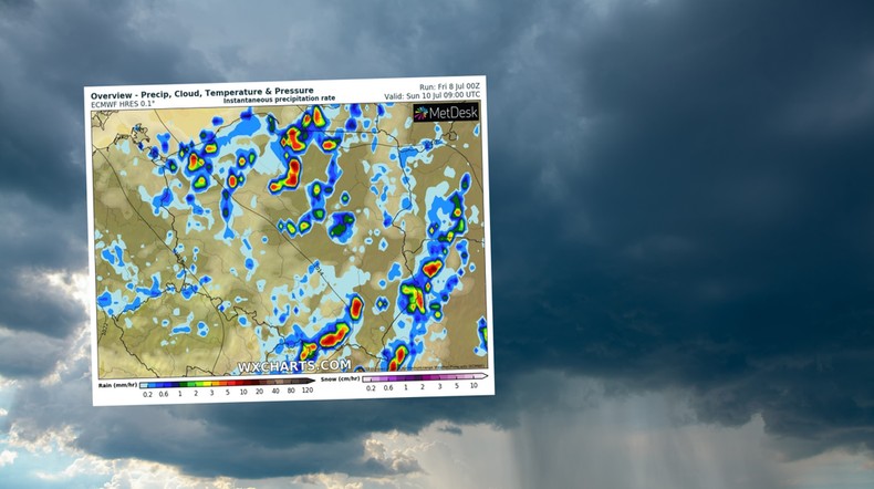 To nie będzie przyjemny weekend w pogodzie (mapa: wxcharts.com)