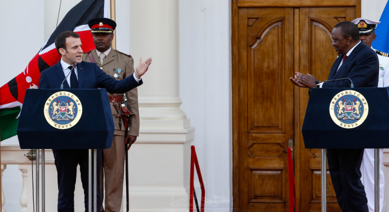 President Uhuru Kenyatta and his French counterpart President Emmanuel Macron at State House