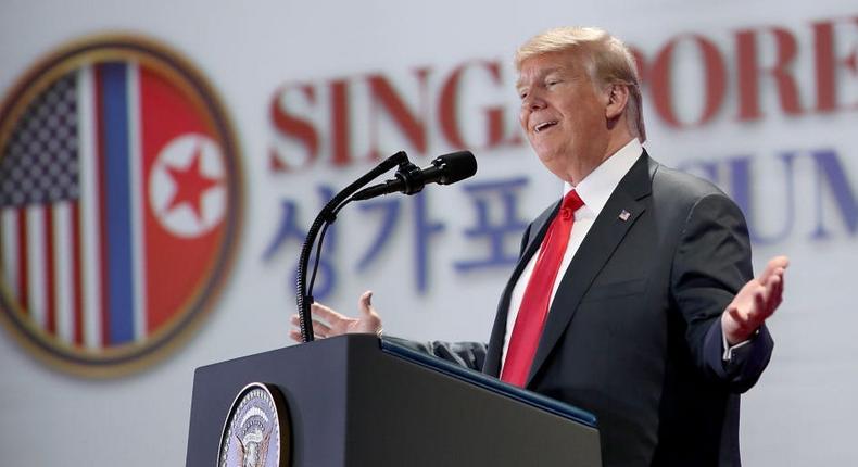 President Donald Trump during a press conference following his historic meeting with North Korean leader Kim Jong-un, June 12, 2018.Win McNamee/Getty Images