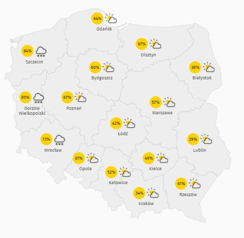 Mapa zachmurzenia i opadów w poniedziałek 18 stycznia