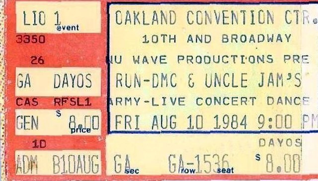 Bilet na koncert Uncle Jam's Army i Run DMC w sierpniu 1984 r. w Oakland w USA