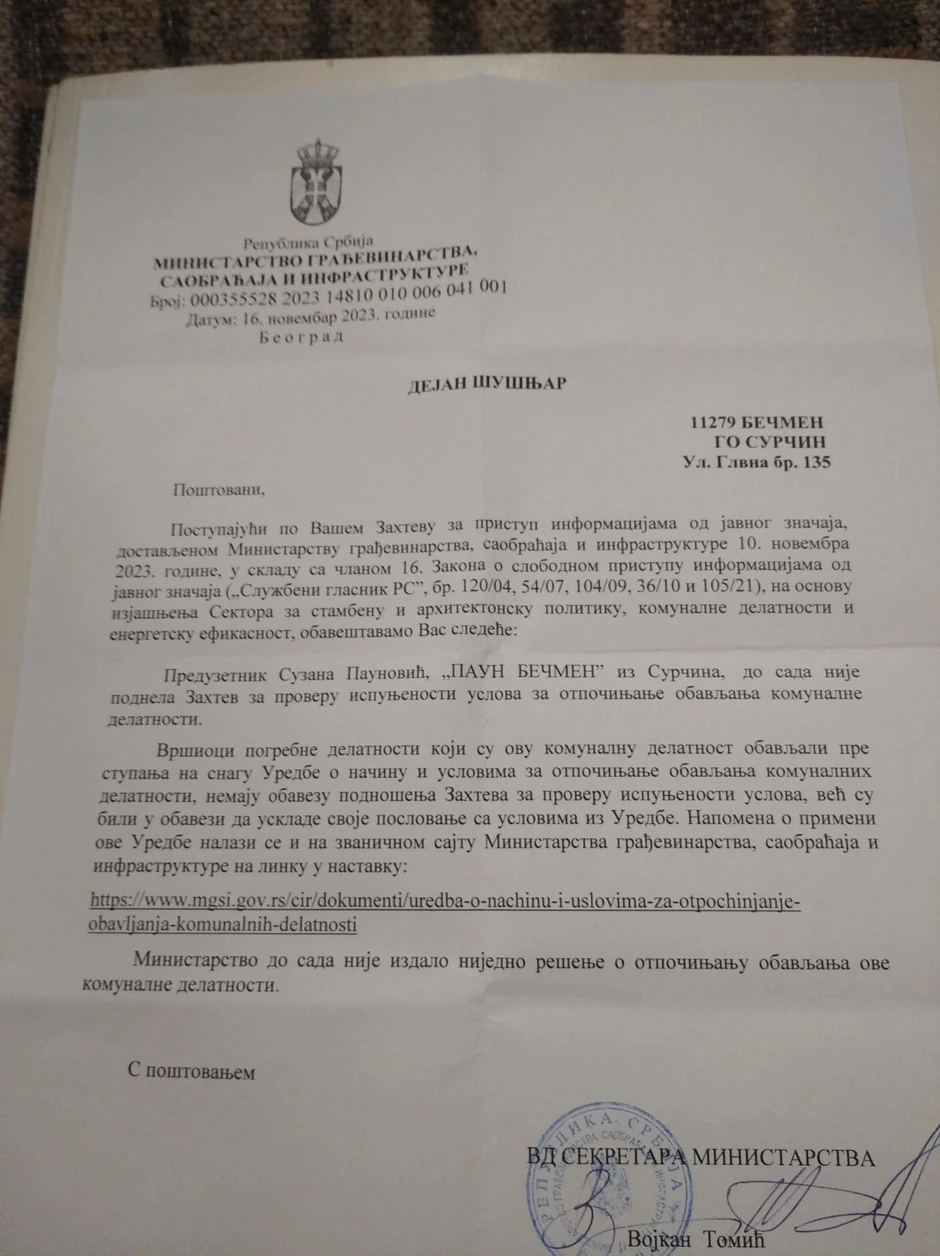 odgovor ministarstva