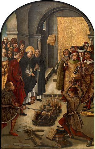 Święty Dominik i albigensi, obraz pędzla Pedro Berruguete z XV wieku przedstawia cud w Fanjeaux, według dzieła Libellus Jordana z Saksonii, księgi katarów i katolików zostały potraktowane ogniem w obecności Świętego Dominika, katolickie trzykrotnie oparły się płomieniom