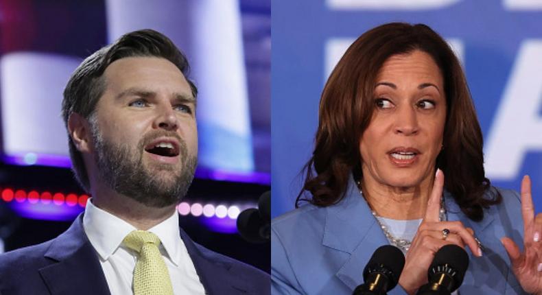 Newly elected Republican vice presidential candidate Sen. JD Vance and US Vice President Kamala Harris.Alex Wong/Getty Images, Justin Sullivan/Getty Images