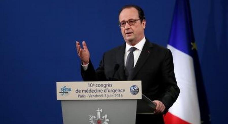 French President Francois Hollande delivers a speech during the 10th Emergency Healthcare congress at the Palais des Congres in Paris, France, June 3, 2016.