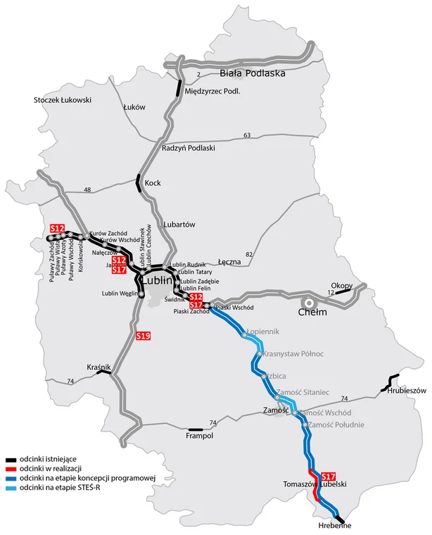 Mapa odcinka S17 Piaski - Hrebenne