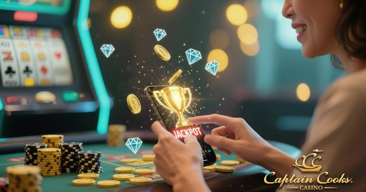 Screenshot der Captain Cooks Casino Homepage mit Spielauswahl und Bonusangeboten