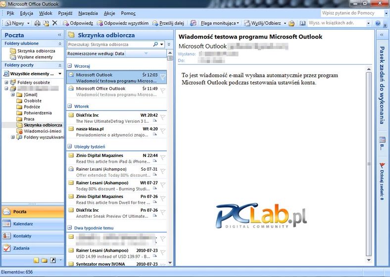 MS Outlook 2007 – okno główne (kliknij, aby powiększyć)