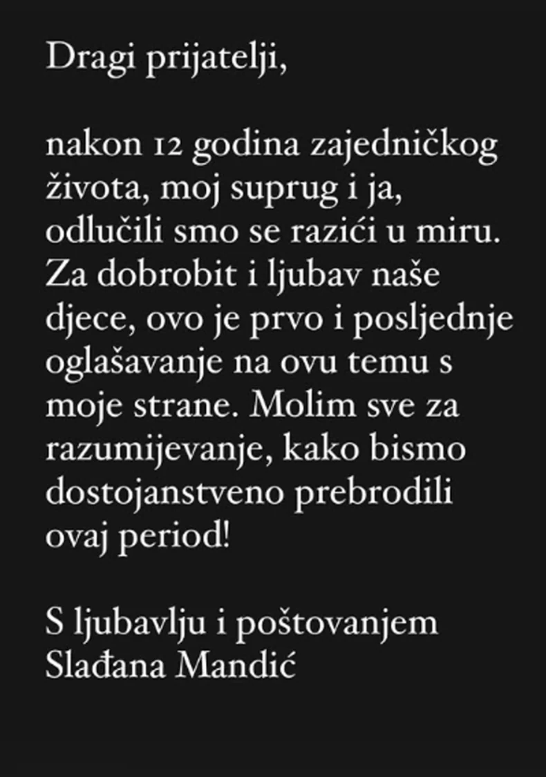 Objava Slađane Mandić o razvodu