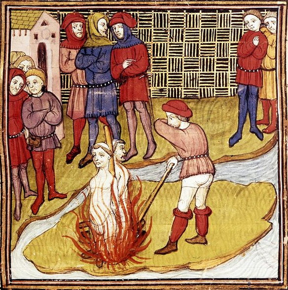 Spalenie templariuszy na stosie. Ilustracja z Kroniki z Saint-Denis, ok. 1380 r. (domena publiczna)