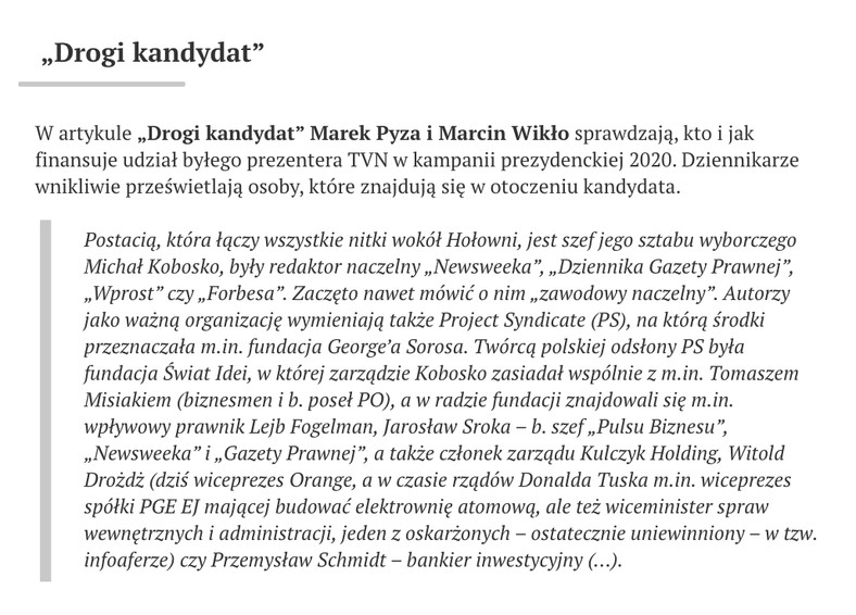 Fragment dziennikarskiego śledztwa "Sieci" opisany przez portal wPolityce