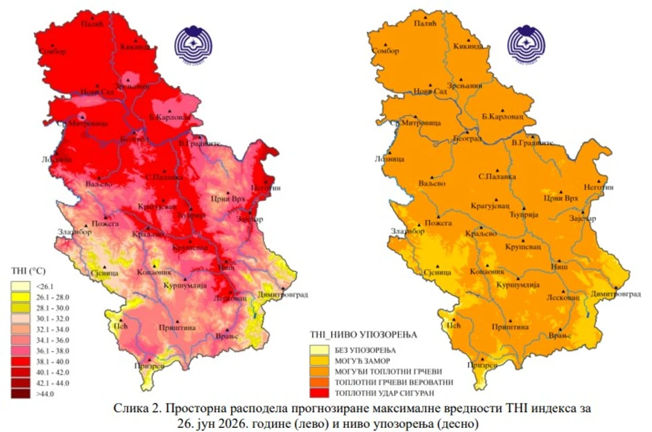 Mapa indeksa toplotnog stresa za petak