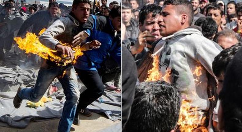 Desperate migrant sets self on fire in protest of border closure