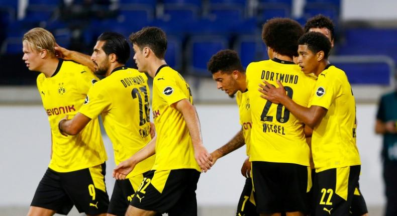 English teenager Jude Bellingham (R) scored on his debut for Borussia Dortmund in the German Cup