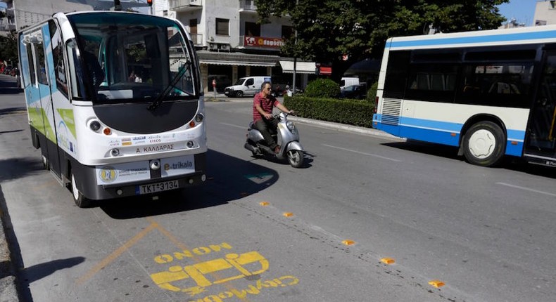 The French-made CityMobil2 driverless bus in Trikala, Greece