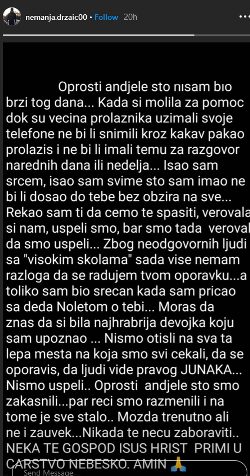 Poruka na Instagramu Nemanje Držaića