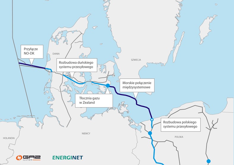 Planowany przebieg gazociągu Baltic Pipe, źródło: Gaz-System