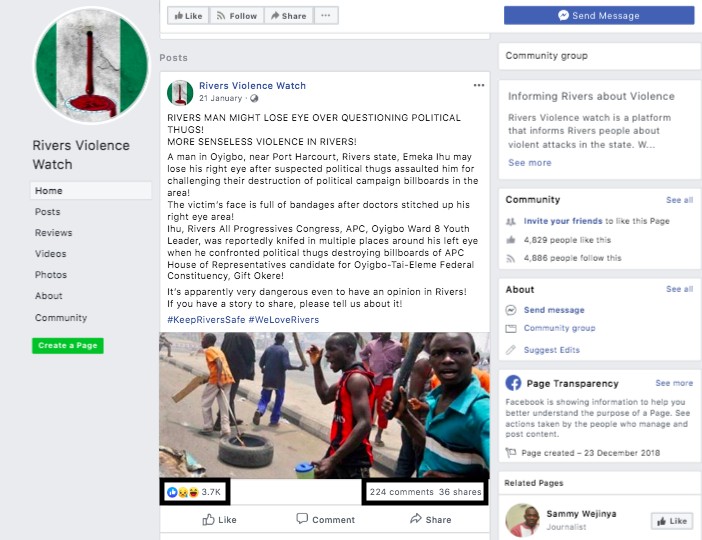 The "Rivers Violence Watch" group made numerous posts that targeted state governor, Nyesom Wike [DFRLab] 