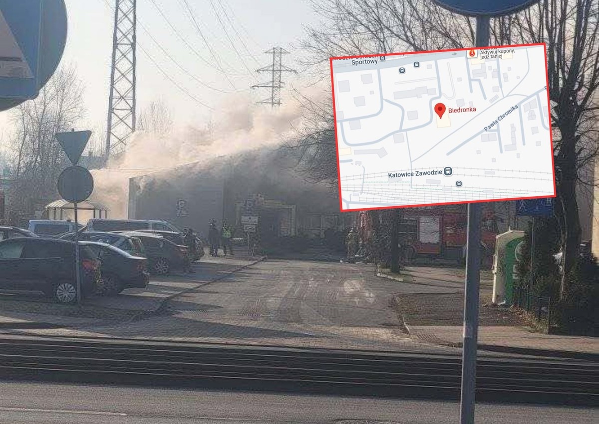 Potężny pożar w Katowicach. Płonie sklep Biedronka, w akcji 12 zastępów straży pożarnej