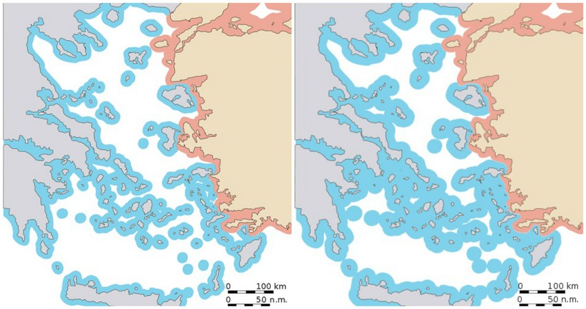 Teritorijalne vode i vazdušni prostor u Egejskom moru koji priznaju Turska (L) i Grčka