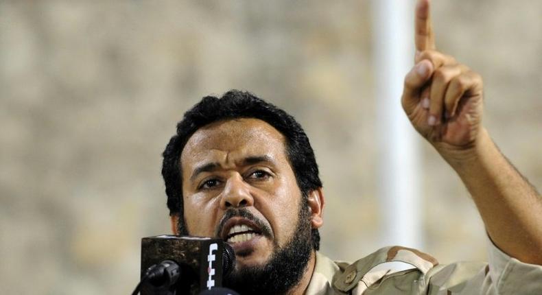 Libyan Tripoli military commander Abdelhakim Belhaj addresses a rally in Tripoli on September 9, 2011