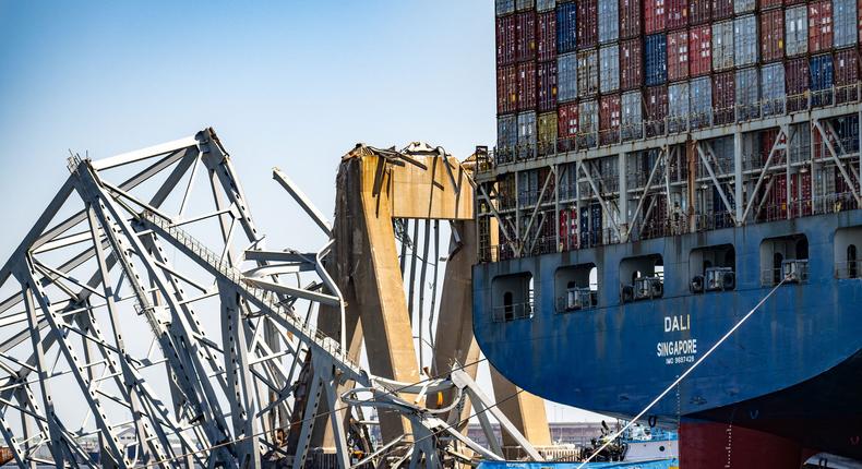 The wreckage of the Francis Scott Key Bridge is seen beyond the stern of the container ship Dali weeks after the catastrophic collapse.Jerry Jackson/The Baltimore Sun/Tribune News Service via Getty Images
