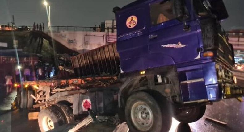 Fully loaded cargo truck skids off  Kwame Nkrumah Interchange flyover