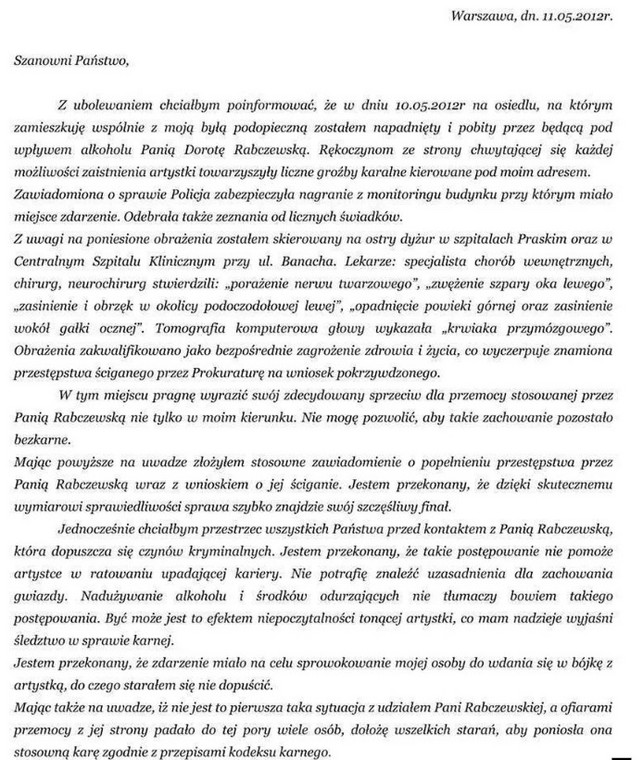 Oświadczenie Jakuba Majocha wydane w 2012 r.