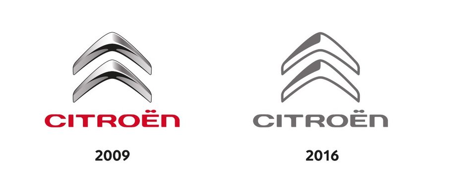 Citroen to jedna z pierwszych firm, która zmieniła logo na 2-kolorowe i "płaskie".