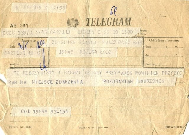 Telegram Witolda Wawrzonka do Zbigniewa Blani z 30 maja 1978 r. 