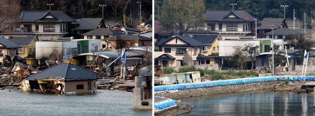 Po lewej stronie domy zniszczone 11 marca 2011 w mieście Ishinomaki w Japonii. Po prawej stronie, to samo miejsce fotografowane 09 września 2011 roku.