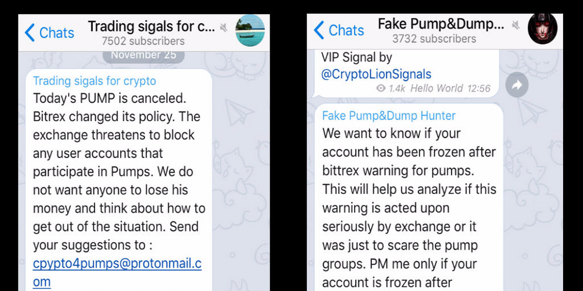 Recent Telegram messages about Bittrex's warning message.
