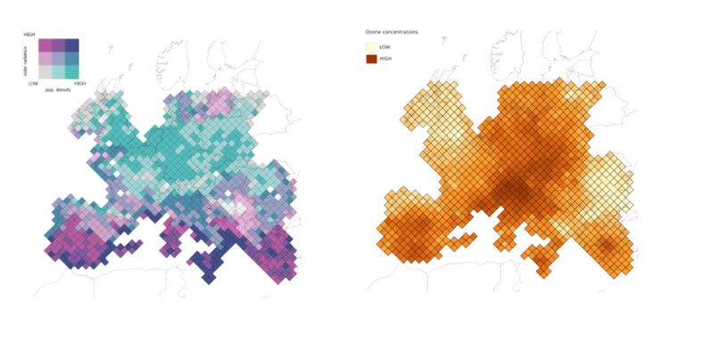 Mapa przedstawiająca stosunek gęstości zaludnienia do nasłonecznienia na kontynencie europejskim