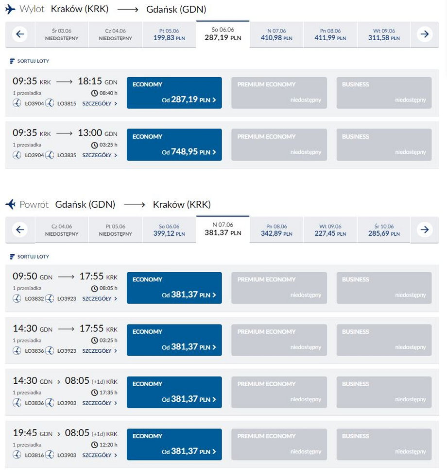 Ceny biletów PLL LOT na trasie Kraków-Gdańsk-Kraków na podróż w dniach 6-7 czerwca br. 