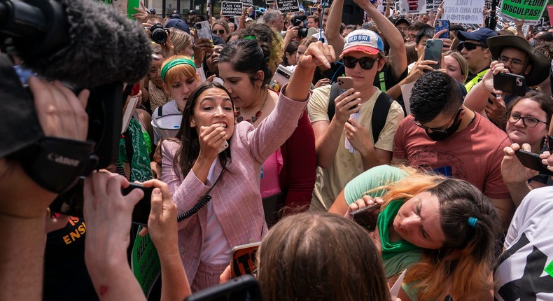 Rep. Alexandria Ocasio-Cortez speaks to abortion-rights activists in front of the US Supreme Court on June 24, 2022 in Washington, DC