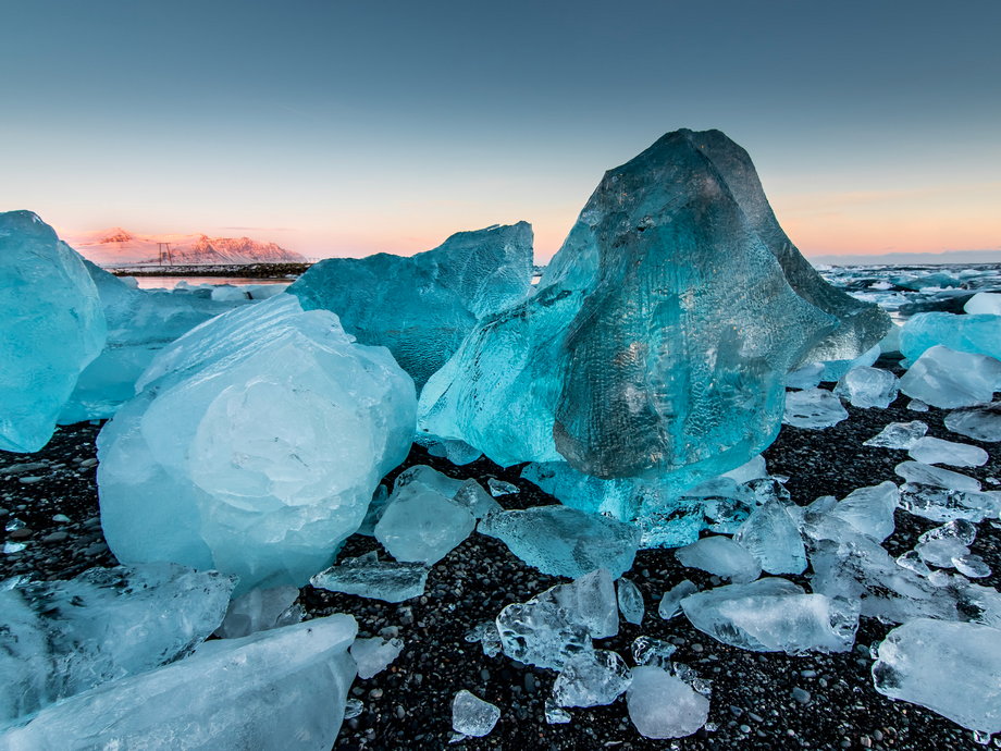 Icebergs range in color from white to a bright, icy blue, depending on the amount of air trapped inside of them.