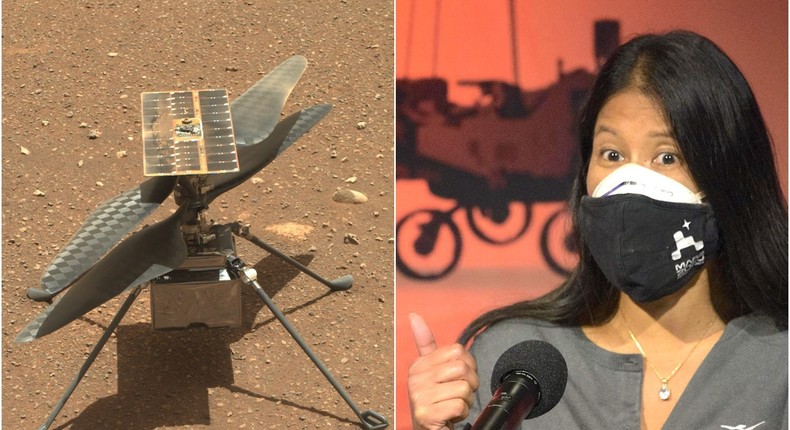 Left: Ingenuity on Mars. Right: Ingenuity project manager MiMi Aung.
