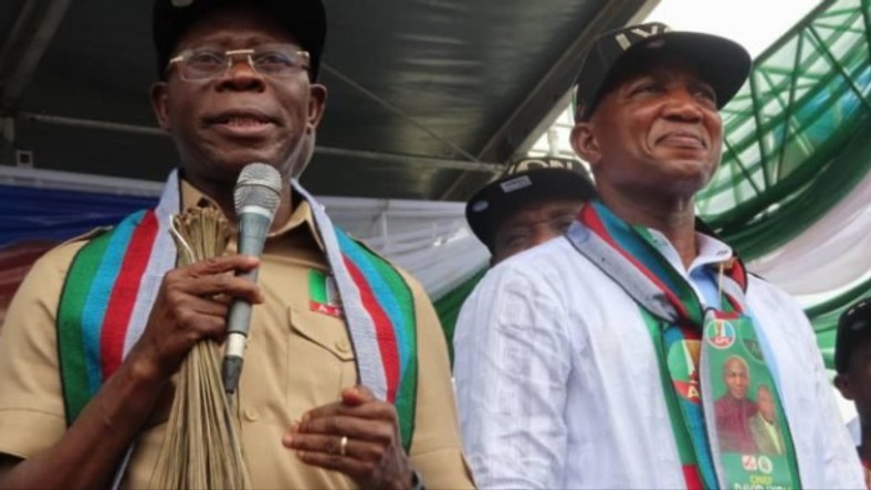 (Left) The National Chairman of the ruling All Progressives Congress (APC), Adams Oshiomhole asks INEC to conduct a fresh governorship election in Bayelsa state after the Supreme Court nullified the election of his party's candidate, David Lyon (Right) on February 13, 2020.  (TheCable)