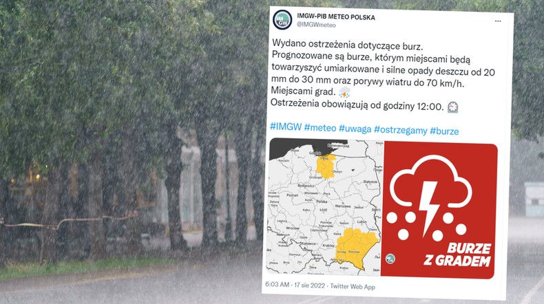 W środę burze i upały cały czas będą nam się dawać we znaki (screen: Twitter.com/IMGWmeteo)