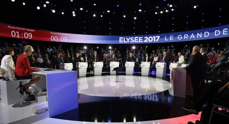 The eleven candidates for the French presidential election attend a debate organised by the private TV channels BFM TV and CNews, on April 4, 2017 in La Plaine-Saint-Denis